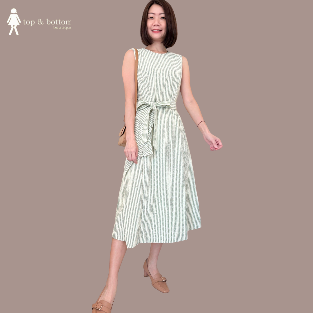 SLEEVELESS MBROIDERED & STRIPED MIDI DRESS