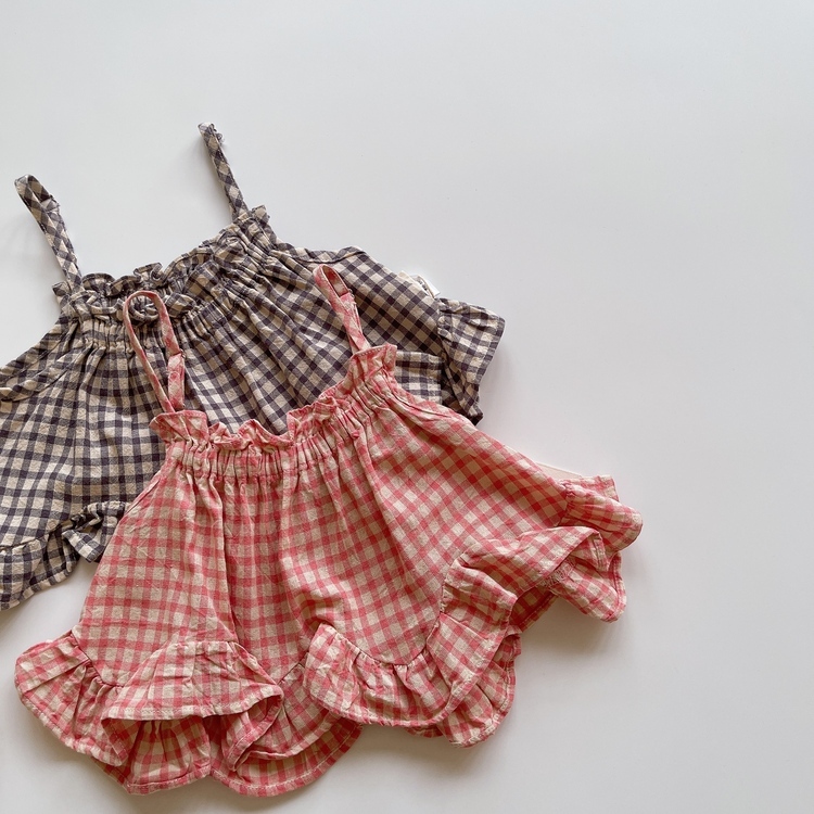 細肩帶格子花邊套裝