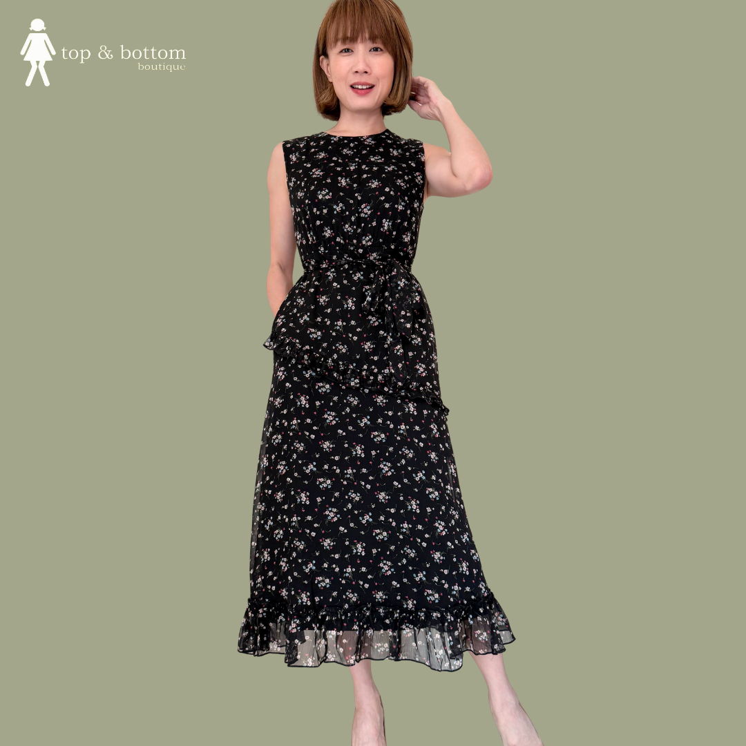 CHIFFON FLORAL FRILLS MIDI DRESS