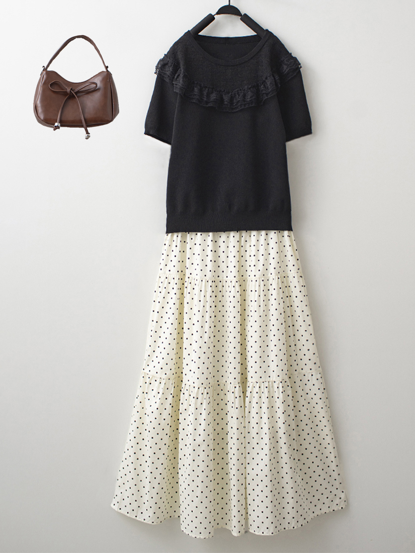 網紗簍空緹花短袖針織衫點點蛋糕棉裙組合