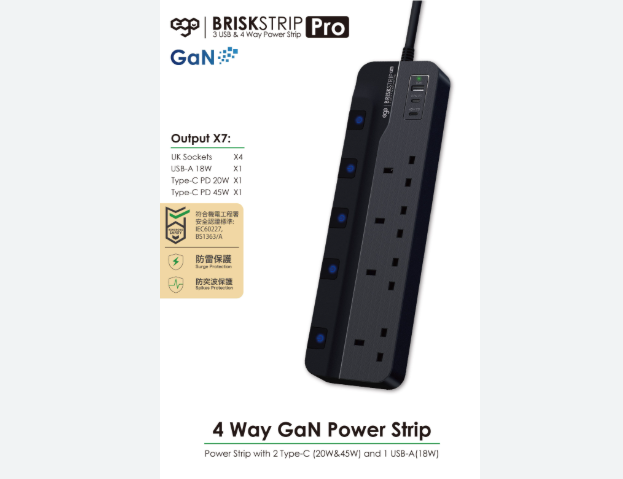 EGO BRISK STRIP 專業版 氮化鎵 3USB & 4插口防雷拖板