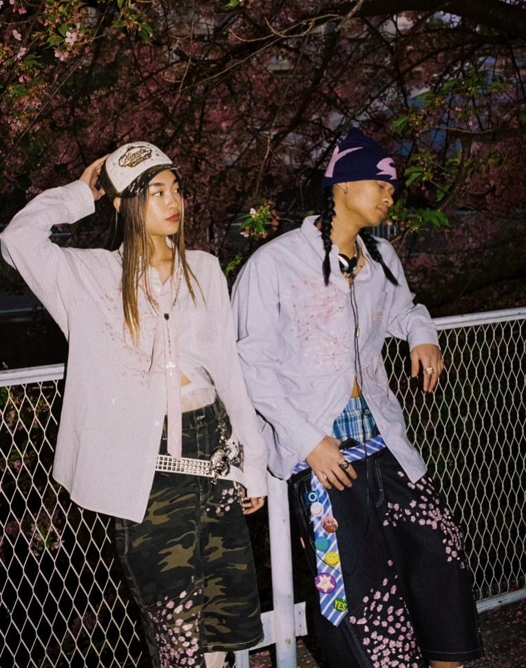 Sakura Embroidered Striped Shirt