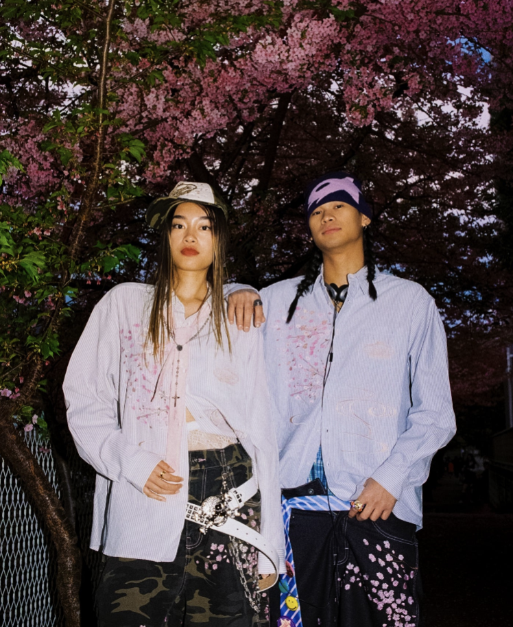 Sakura Embroidered Striped Shirt