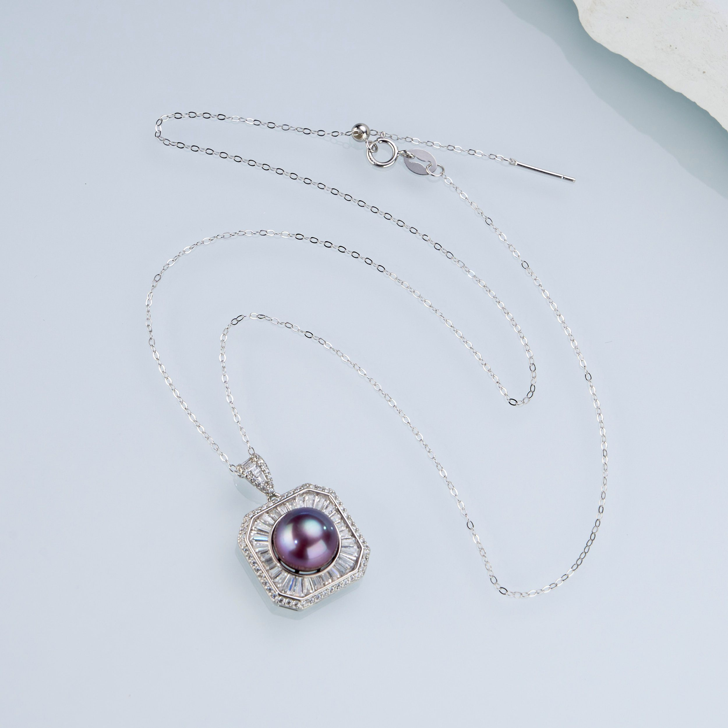 0421sz55-SZHK-PEARL-淡水紫珠方塊吊墜+鏈(A6)