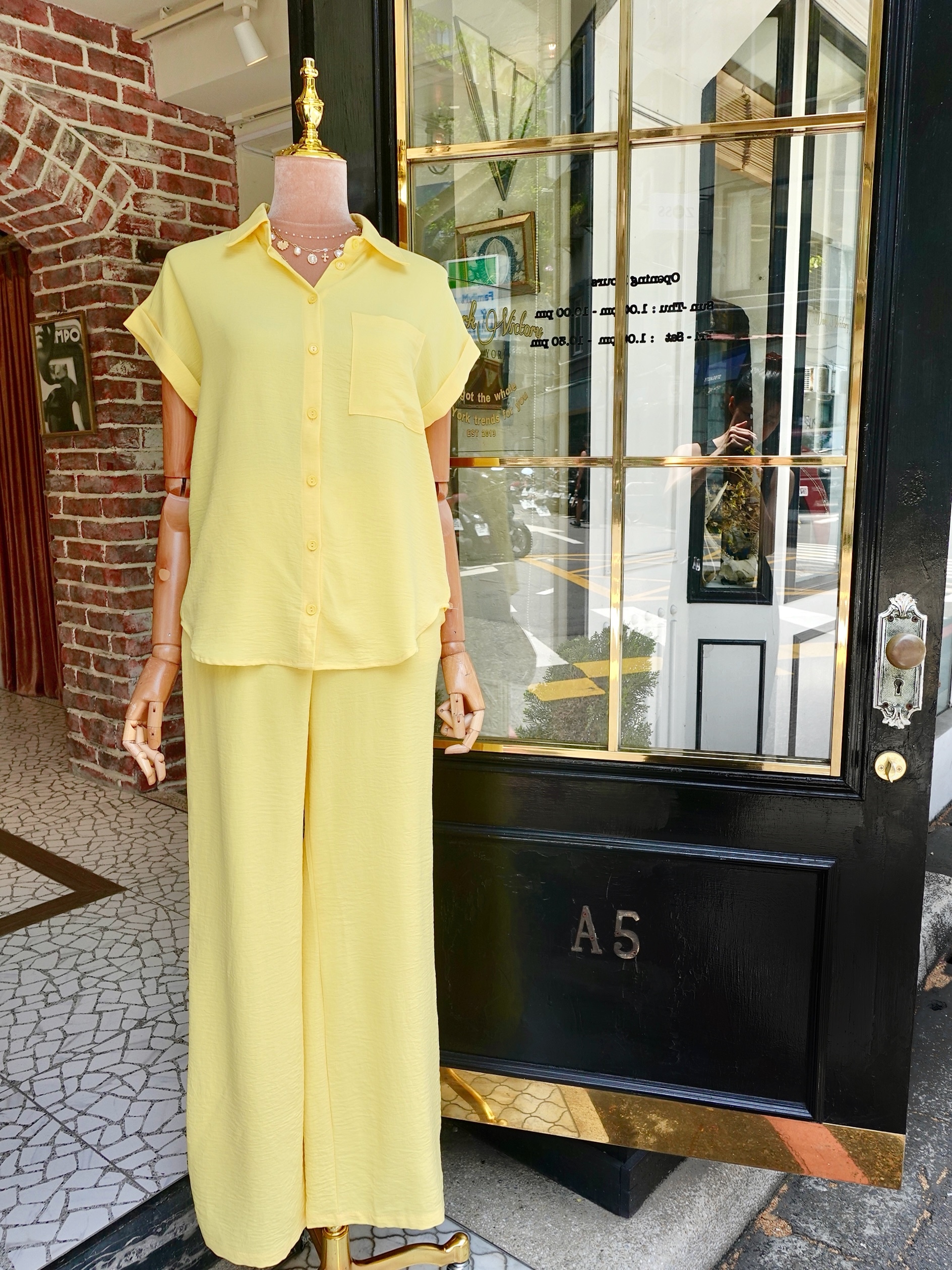 Lux Vacation檸檬黃色短襯衫 上衣+長褲套裝