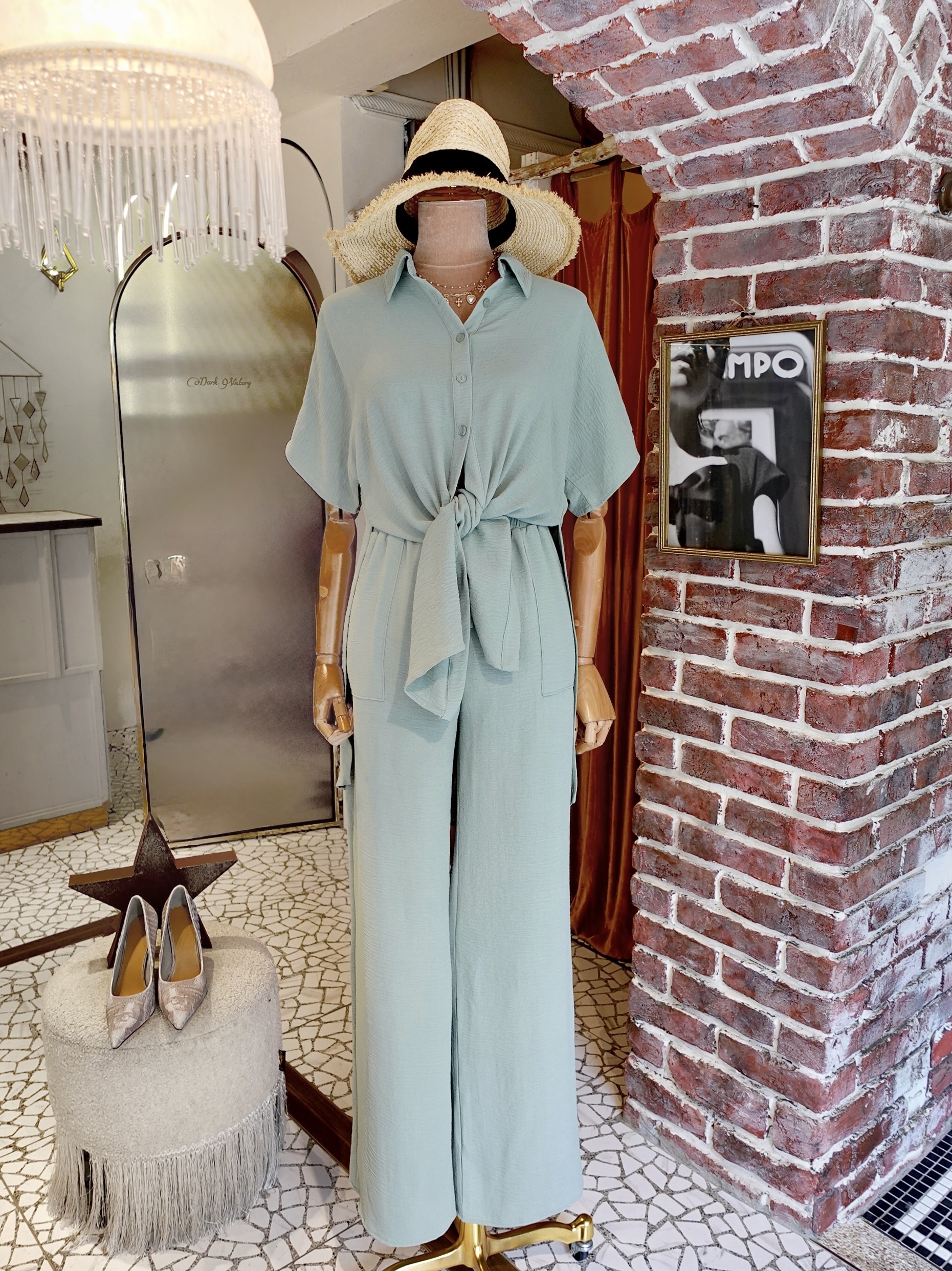 N.Y Sweet薄荷綠色前短後長綁結襯衫+長寬褲套裝