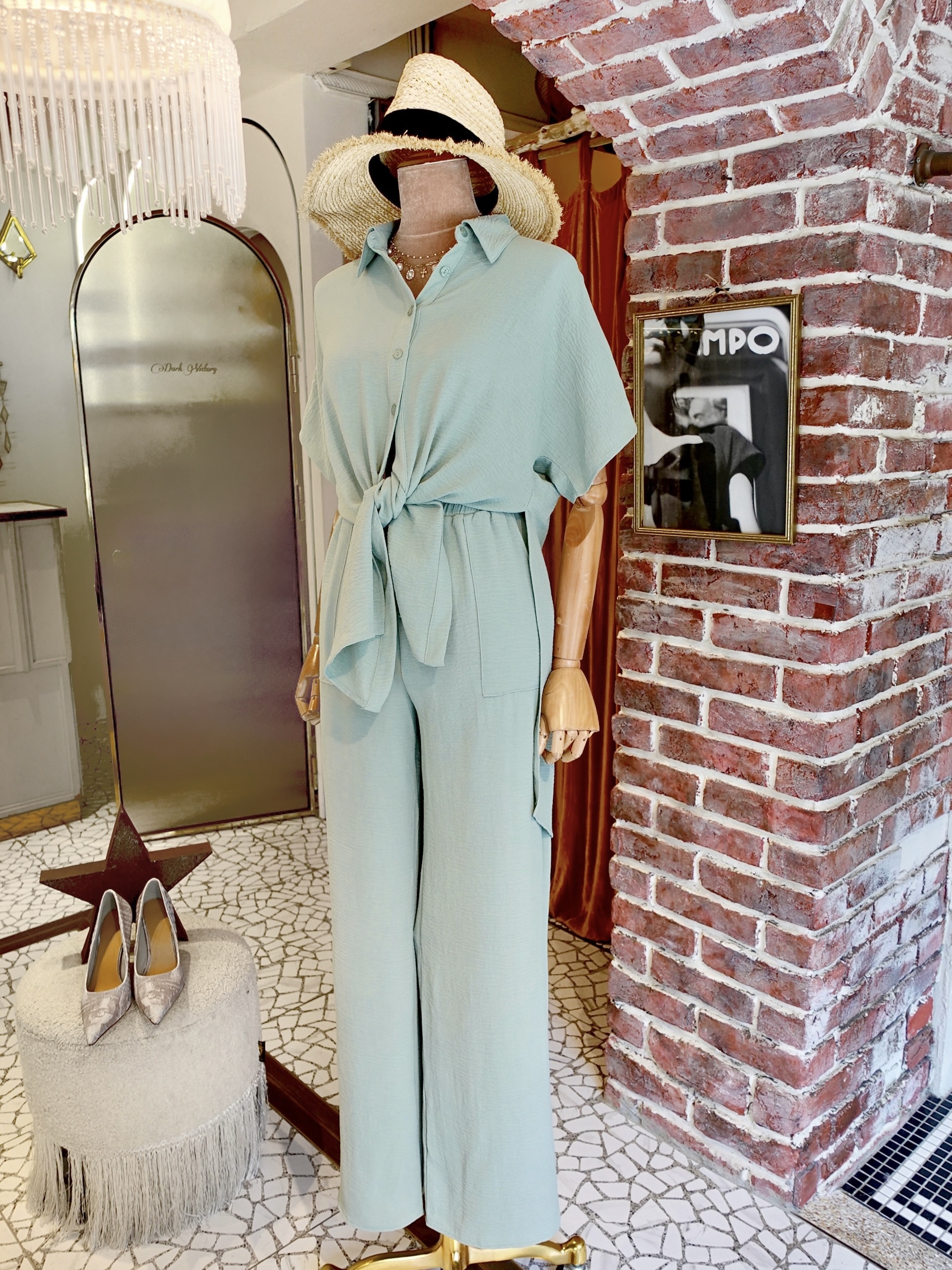 N.Y Sweet薄荷綠色前短後長綁結襯衫+長寬褲套裝