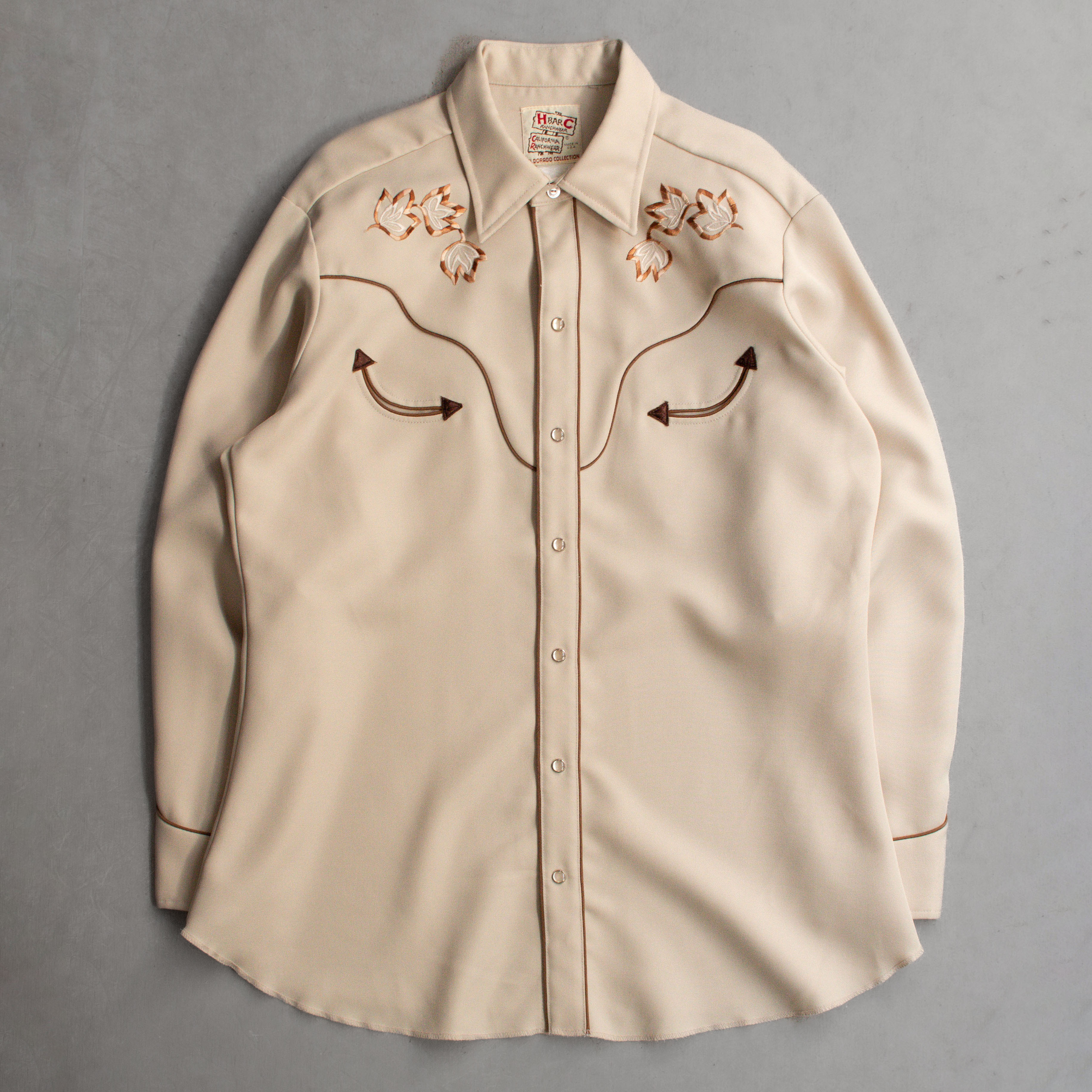 70S H BAR C WESTERN SHIRT 美國製 卡其 刺繡 長袖 西部 襯衫