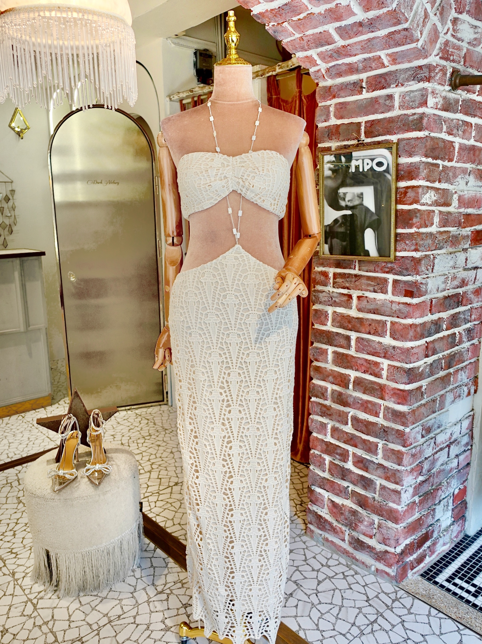 Cream Crochet奶油白色手勾蕾絲串珠鍊上衣+長裙套裝