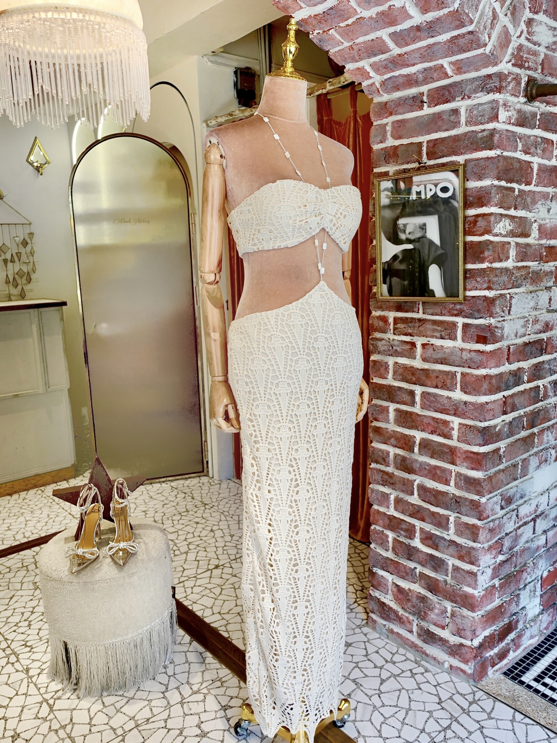 Cream Crochet奶油白色手勾蕾絲串珠鍊上衣+長裙套裝