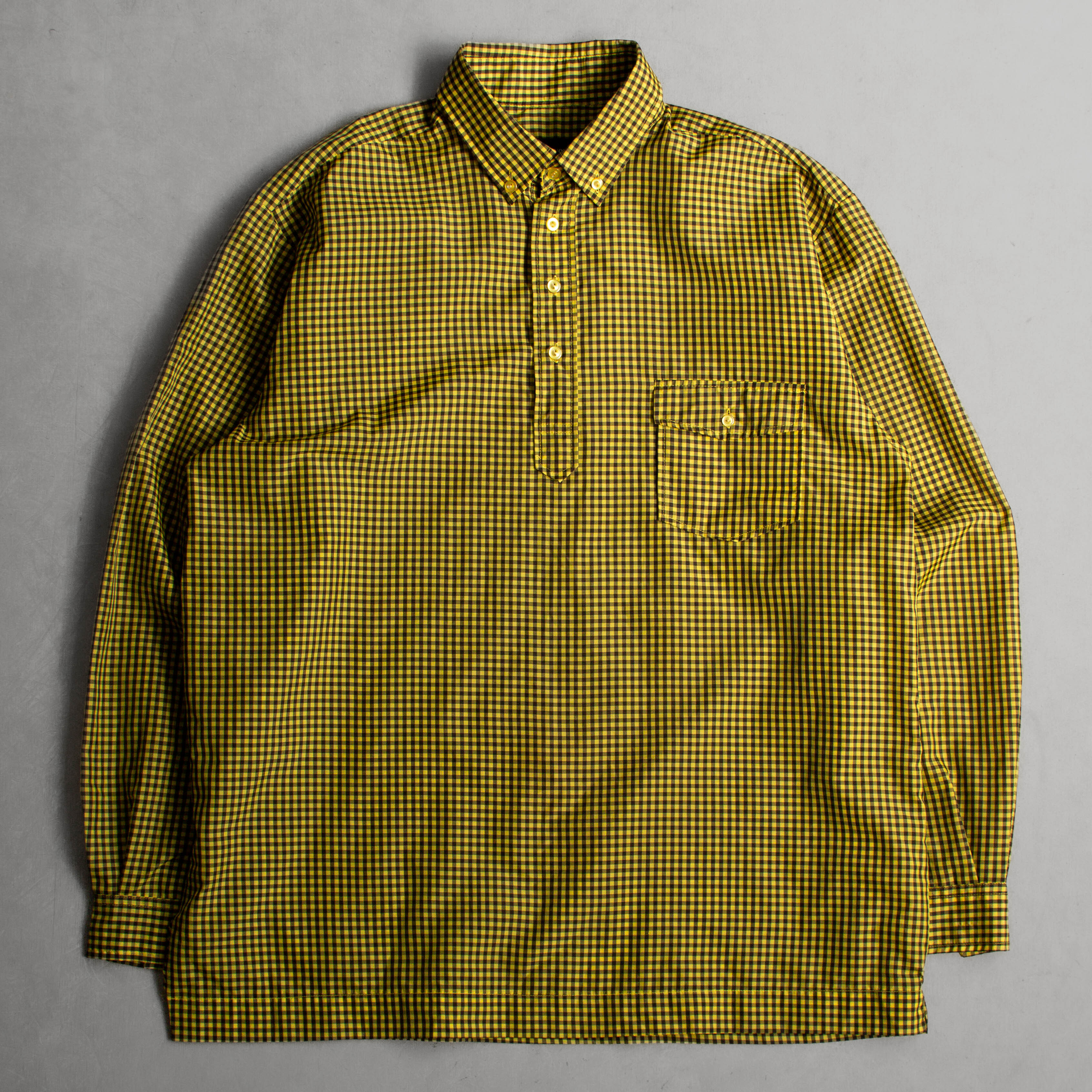 VINTAGE PLAID PULLOVER SHIRT 美國 黑黃 格紋 尼龍 扣領 長袖 套頭 襯衫