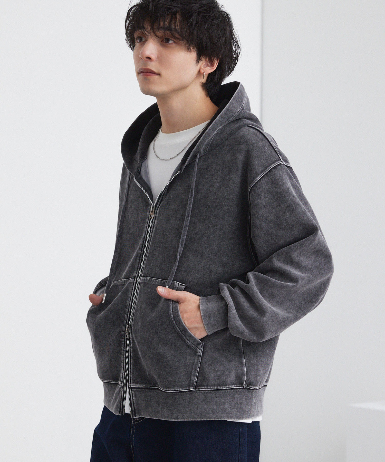 MONO-MART 復古 水洗 短版 雙拉鍊 連帽外套 4色