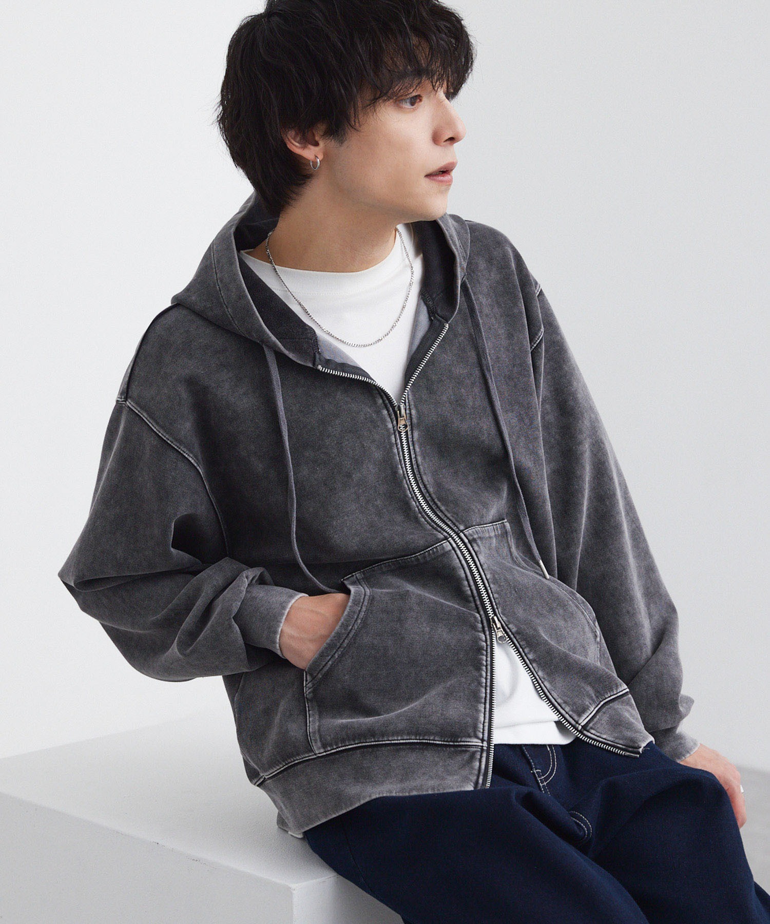 MONO-MART 復古 水洗 短版 雙拉鍊 連帽外套 4色