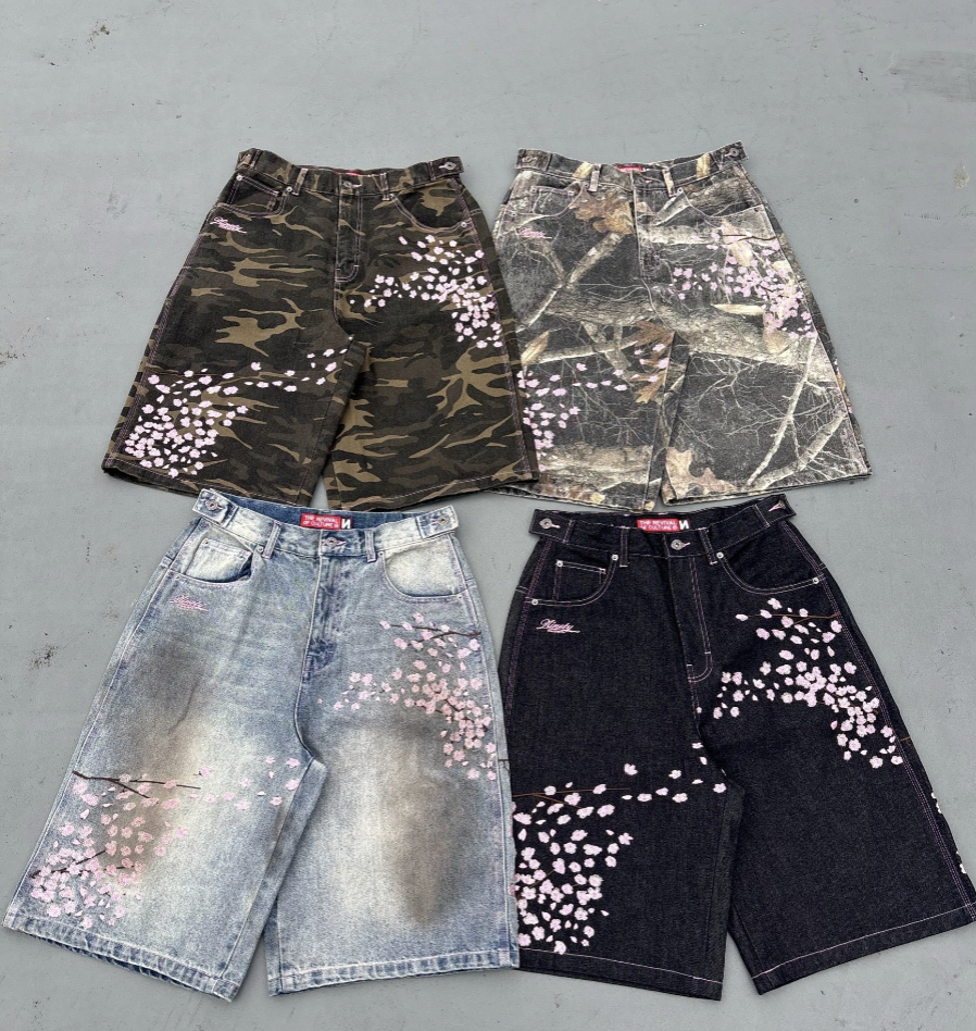 Sakura Embroidered Slub Buggy Jorts