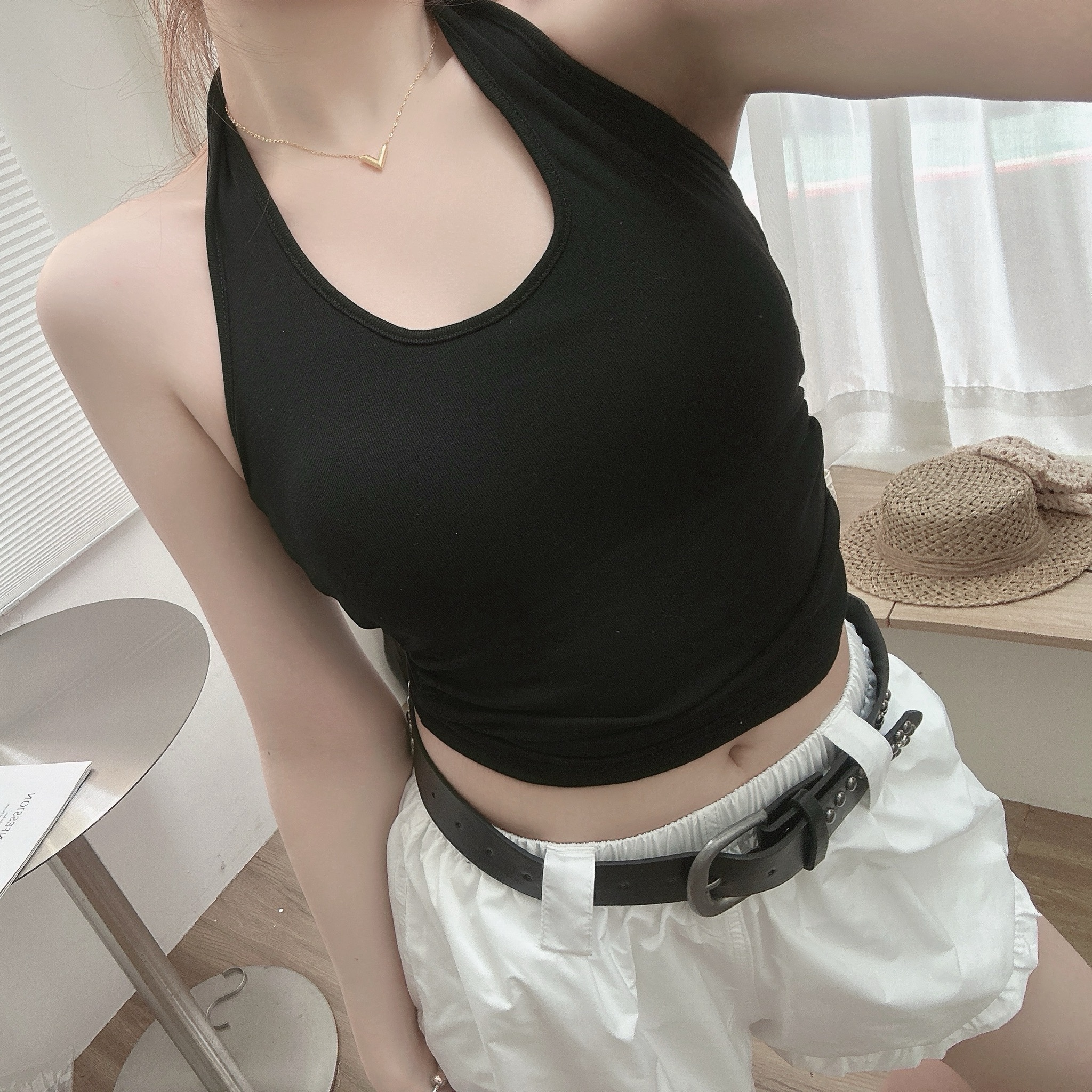 美胸掛脖抓皺bratop/四色