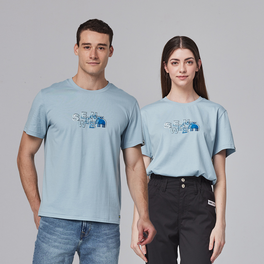 moz瑞典 漸層駝鹿 舒適柔棉 100%純棉短T-霧藍(亞洲版)