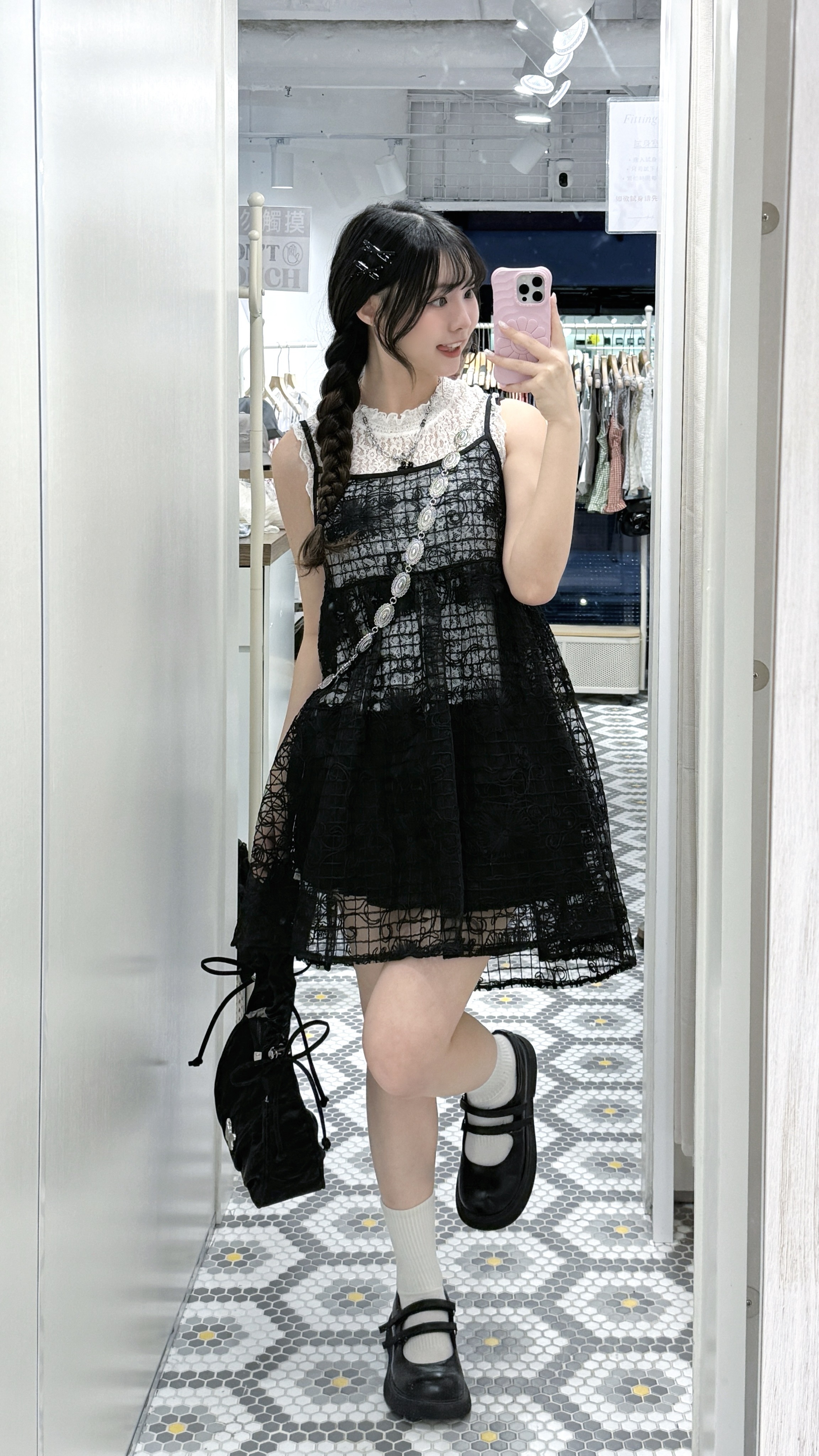 EA1270｜知性刺繡花花格紋透視吊帶外搭OPS 🌼⋆˙⟡