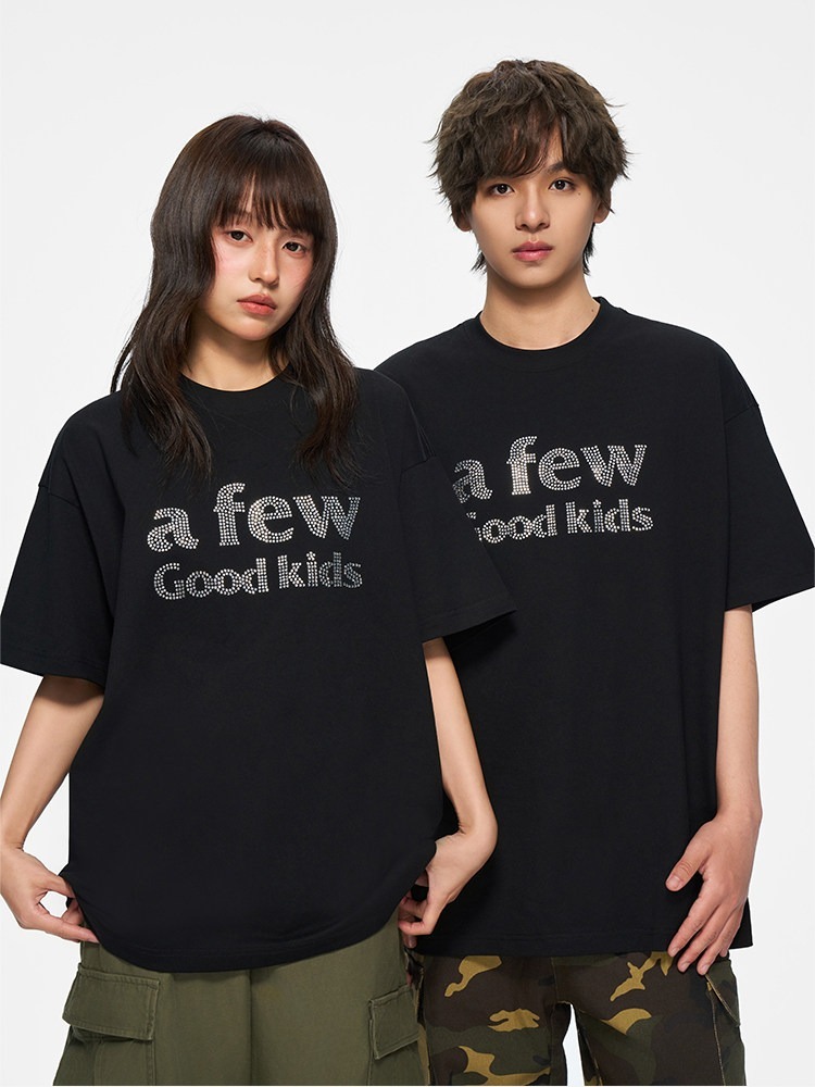 AFGK Ma Siwei's style, pure black, full-rhinestone logo, casual loose short-sleeved T-shirt, A FEW GOOD KIDS
