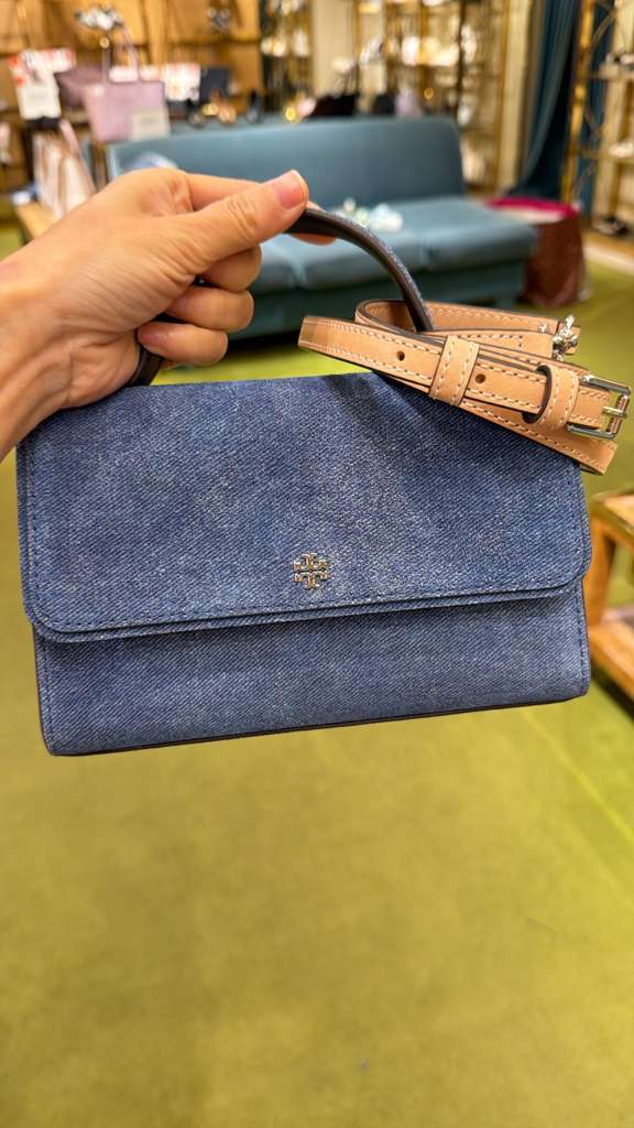 YO040 Tory Burch Emerson 牛仔麂皮翻蓋斜背包 19x12cm