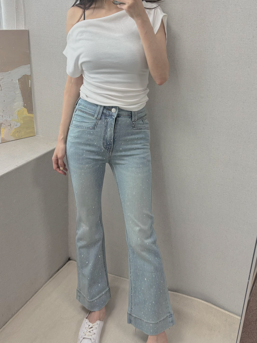 小個子九分合身喇叭水鑽牛仔褲(S-XL)