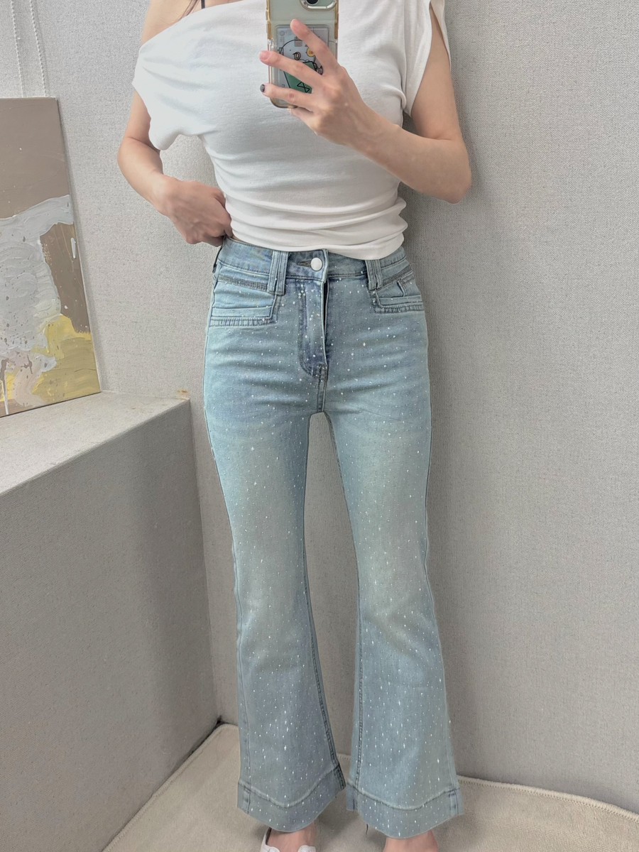 P2小個子九分合身喇叭水鑽牛仔褲(S-XL)