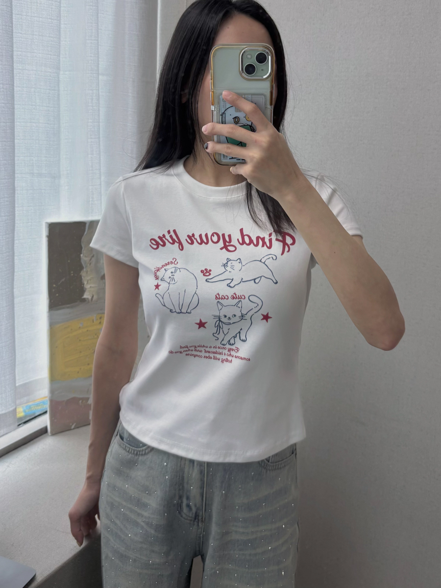 優雅美式小貓英字短T(白)