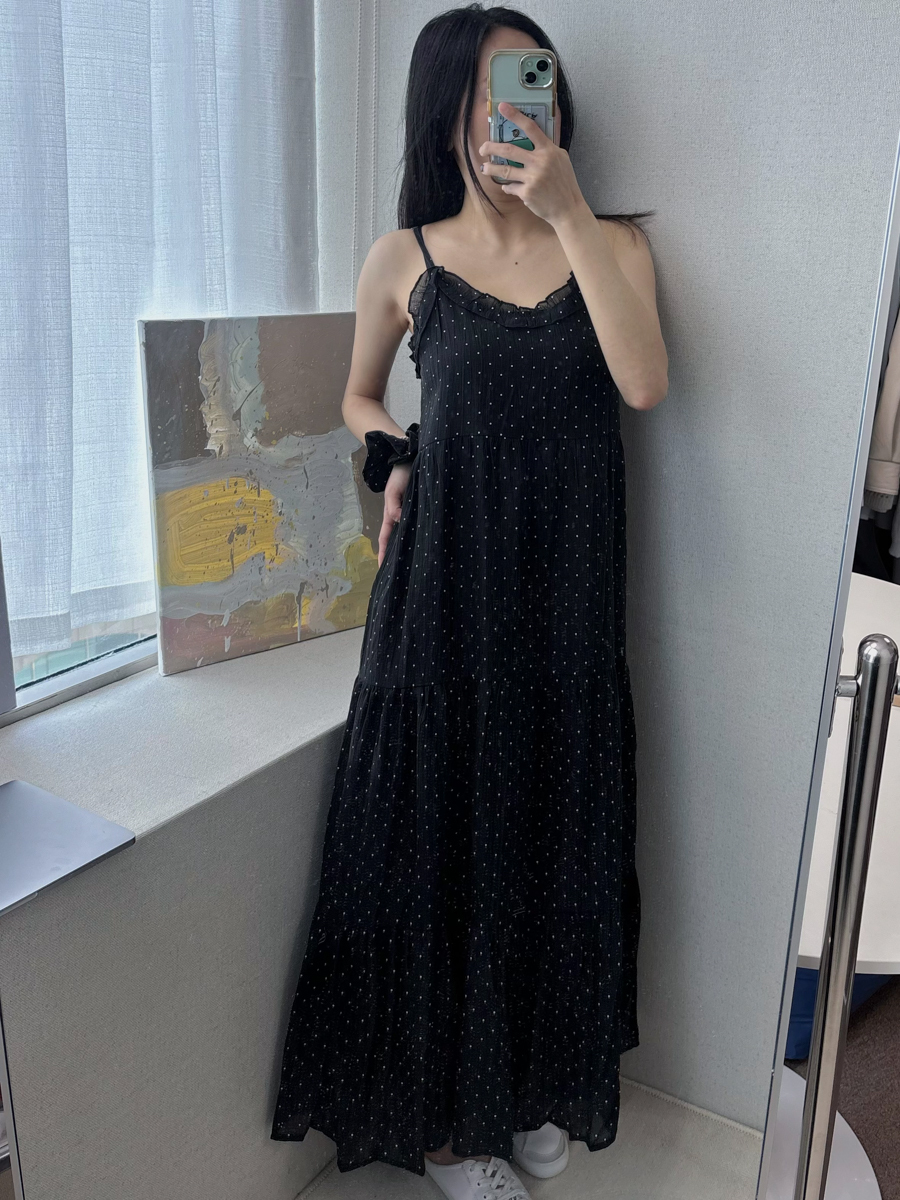 法式荷葉邊波點吊帶長洋+髮圈(黑)