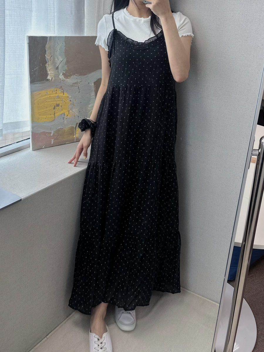 A16法式荷葉邊波點吊帶長洋+髮圈(黑)