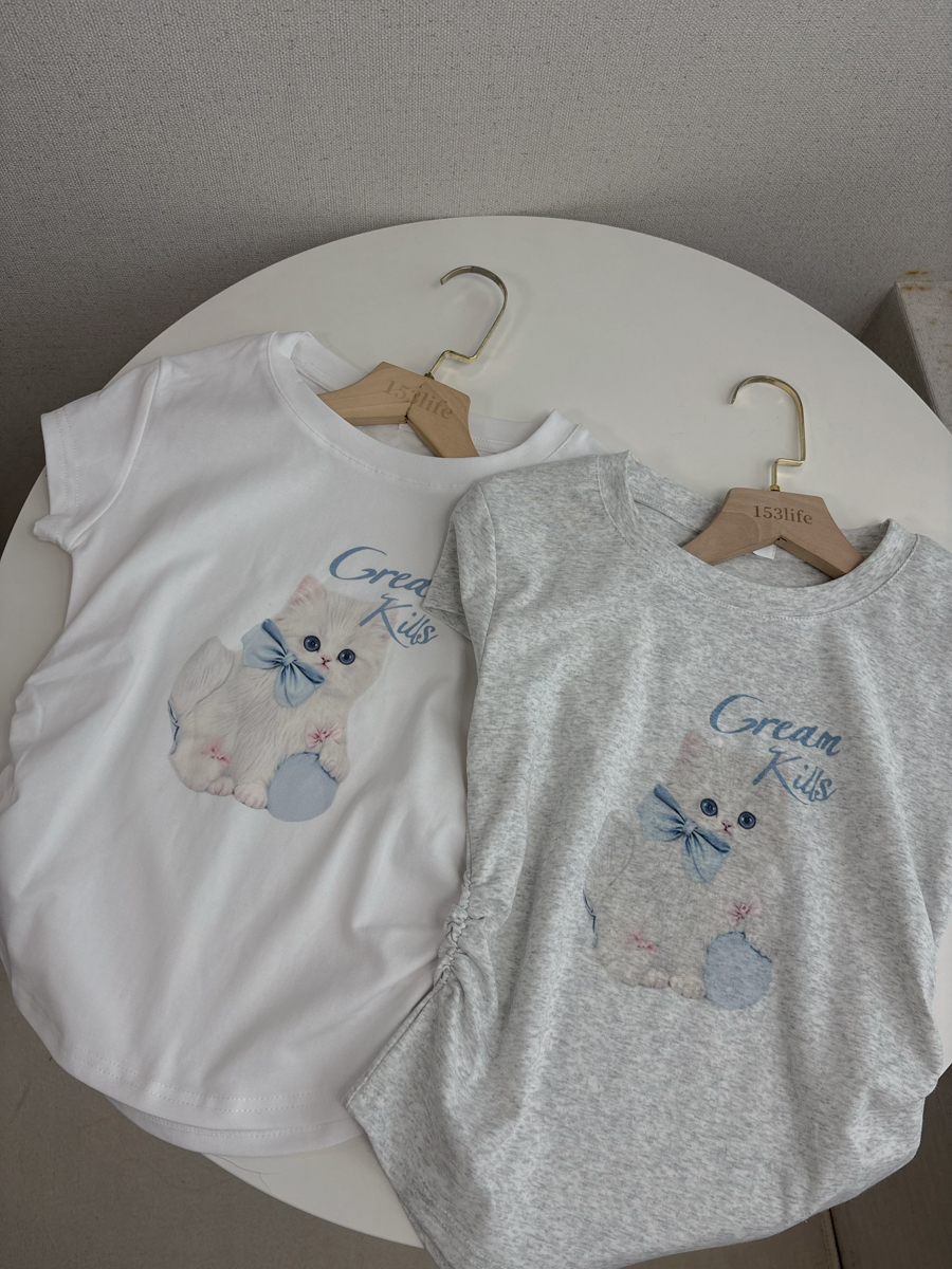 貓咪英字側抓皺短T(2色)