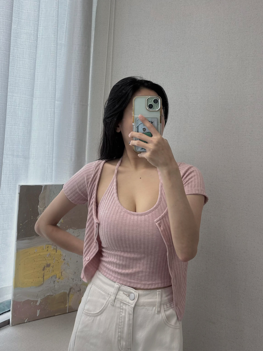 奶波波掛脖繞頸坑條短袖兩件套(5色)