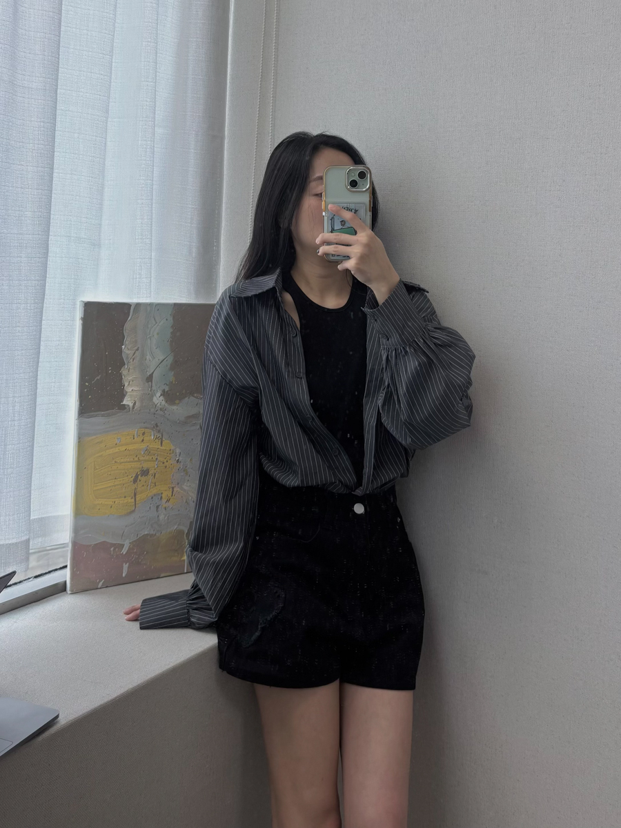 A18質感條紋縮腰襯衫+削肩背心2件組(3色)