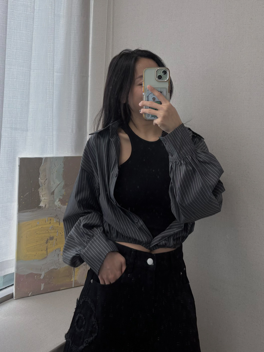 質感條紋縮腰襯衫+削肩背心2件組(3色)