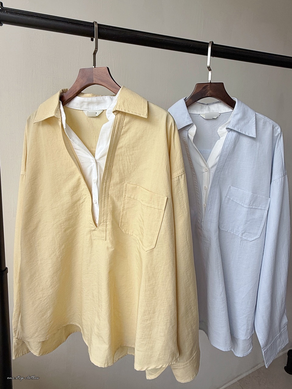 正韓Chic假兩件配色襯衫 (黃)