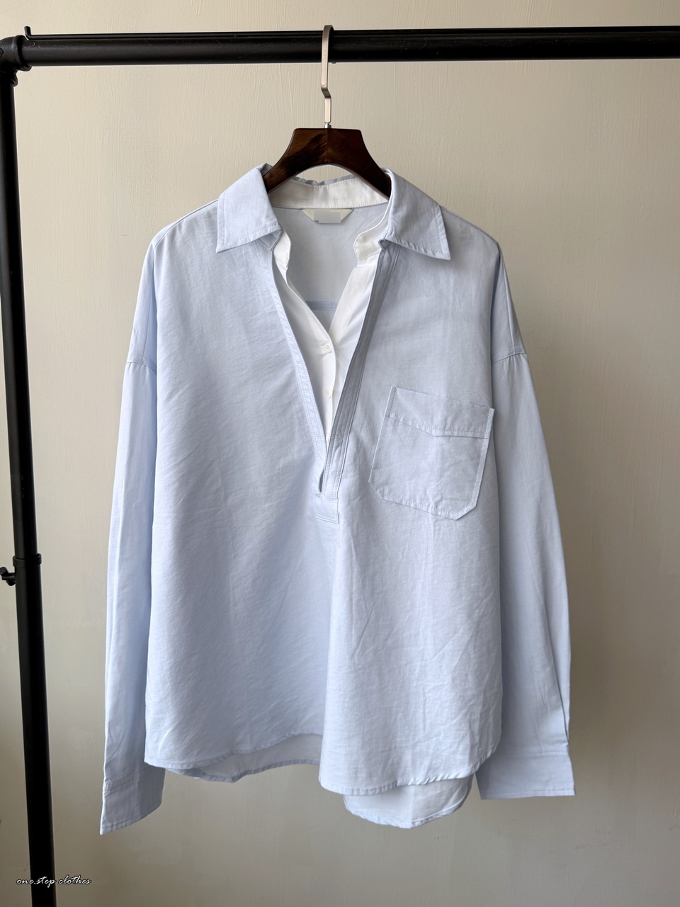 正韓Chic假兩件配色襯衫 (藍)