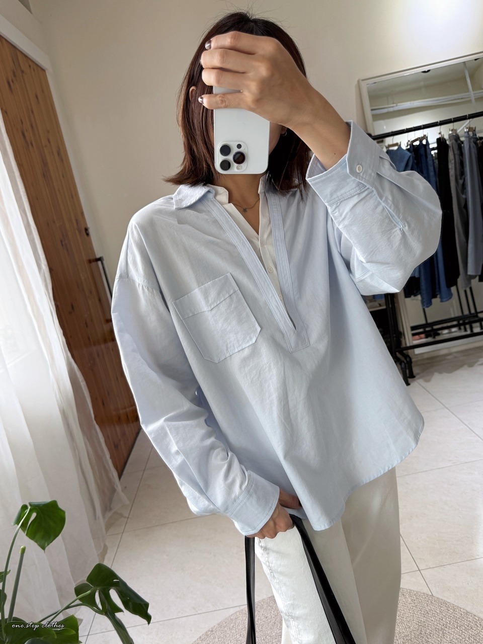 正韓Chic假兩件配色襯衫 (藍)