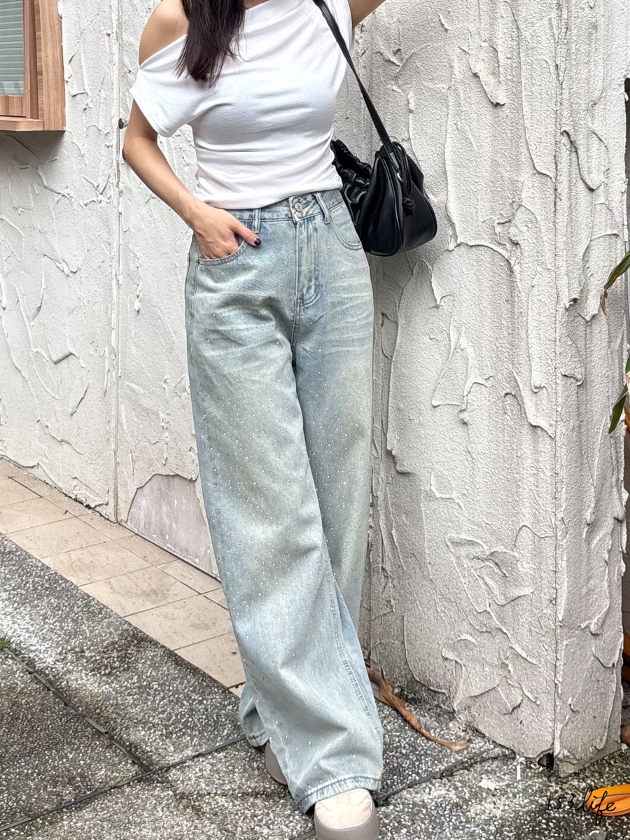 高腰直筒貼鑽落地寬褲(S-XL)