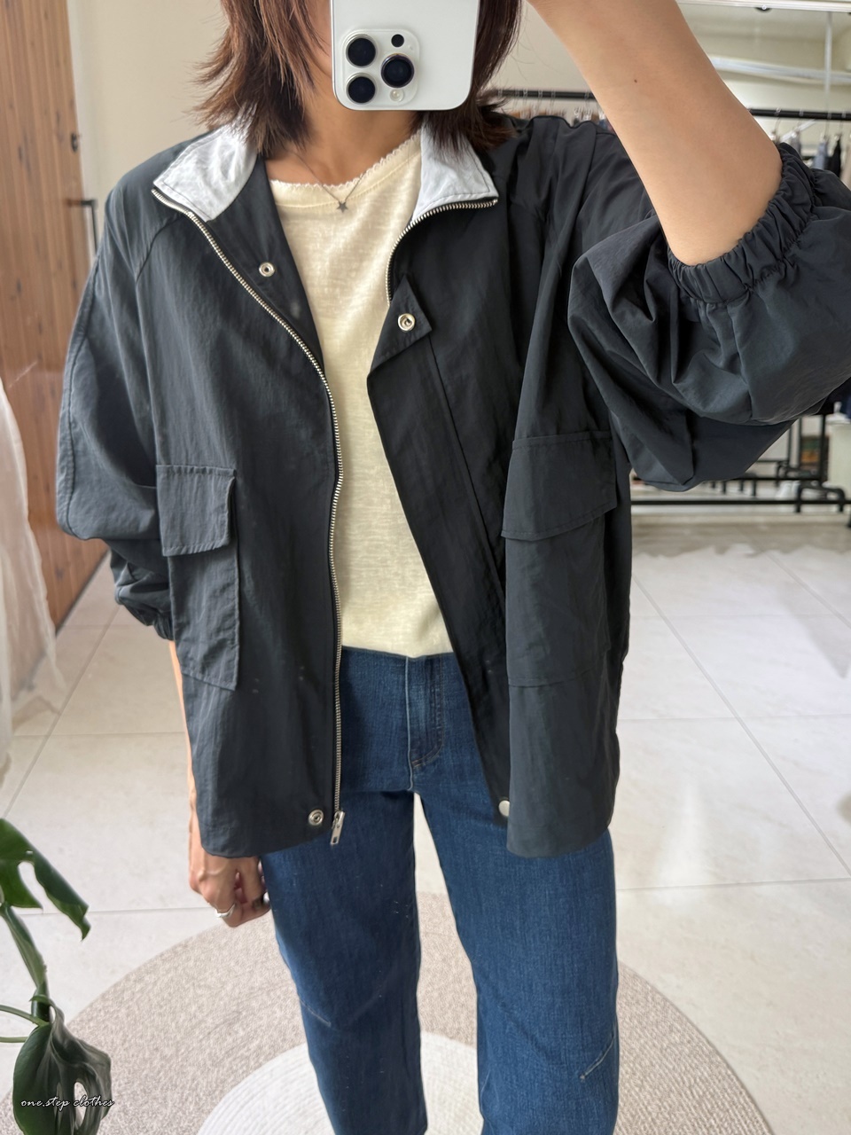 正韓Fly薄款配色立領休閒外 (深藍)