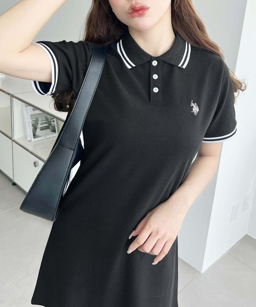 日本🇯🇵連線 Moment+ x U.S. POLO ASSN. 刺繡撞色羅紋短袖連身裙 小洋裝 刺繡 條紋撞色 連衣裙 連身裙 裙子 4色(任買兩件711免運)/預購