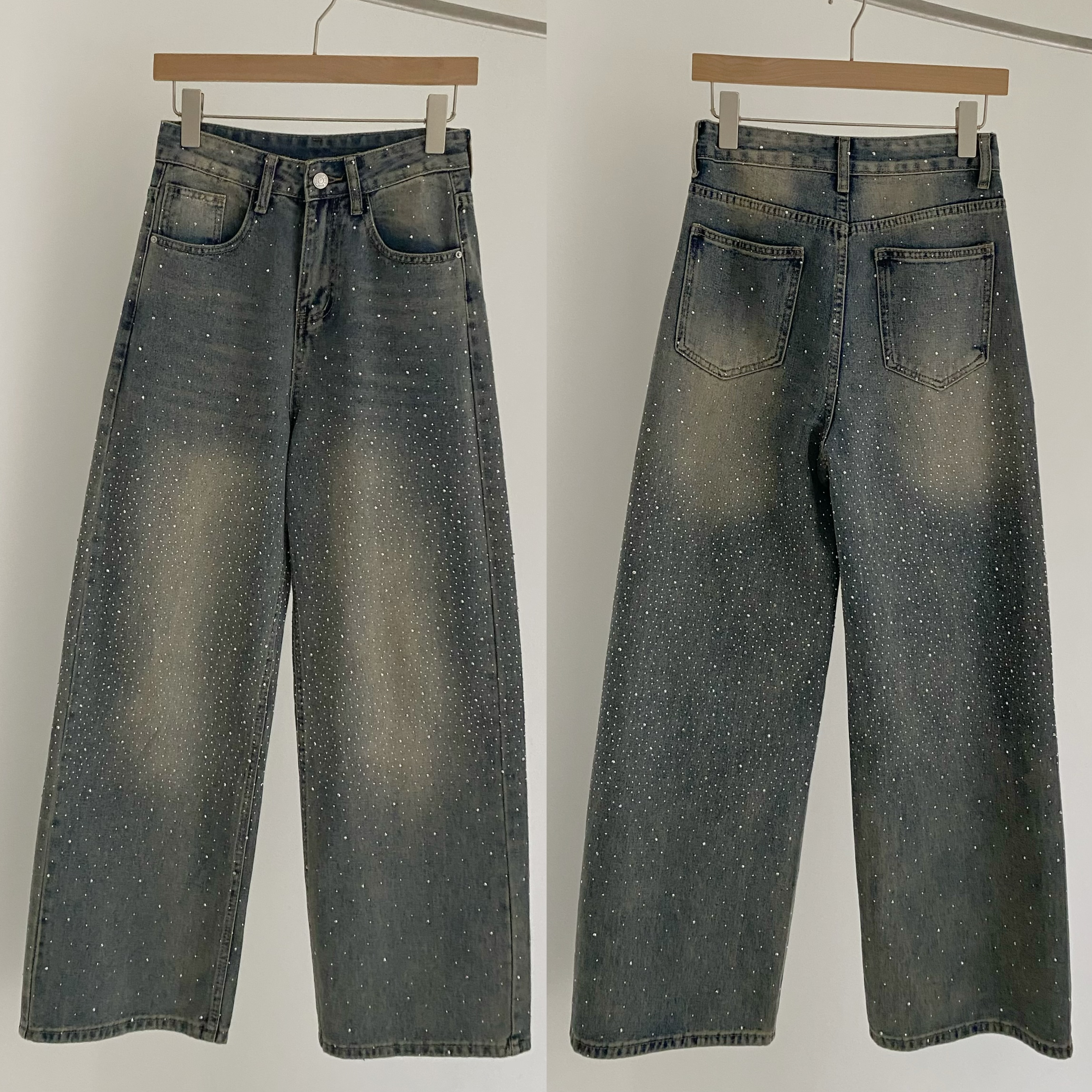 復古滿鑽牛仔直筒寬褲