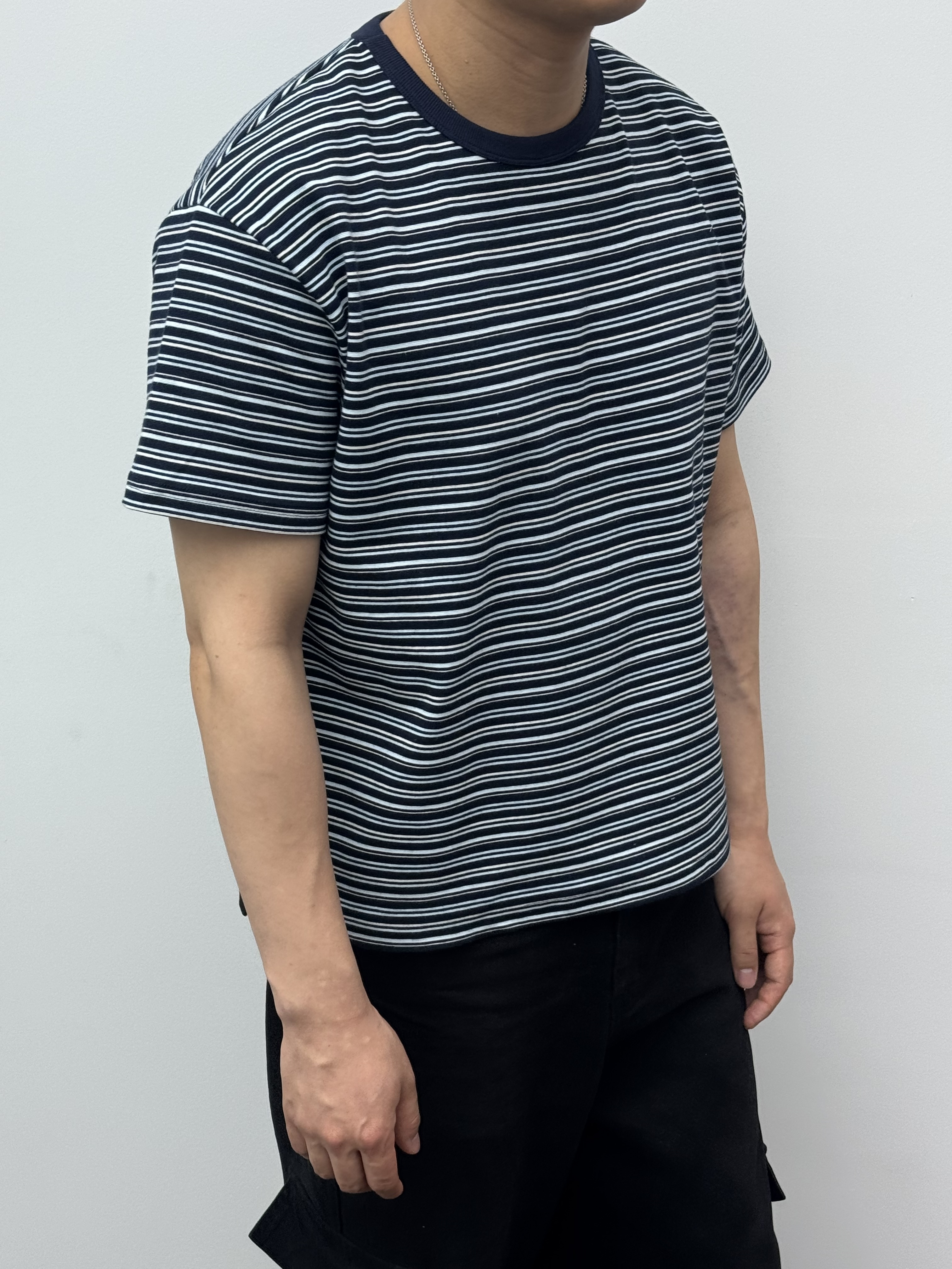 韓系滾邊棉麻橫條紋短袖
