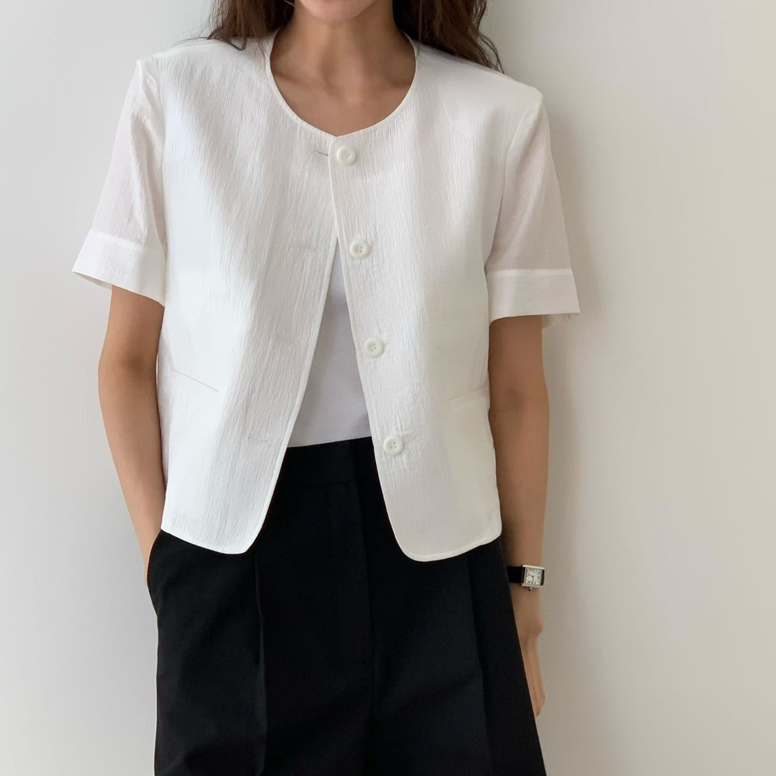 同色系排釦圓領短袖西裝外套 / 2色