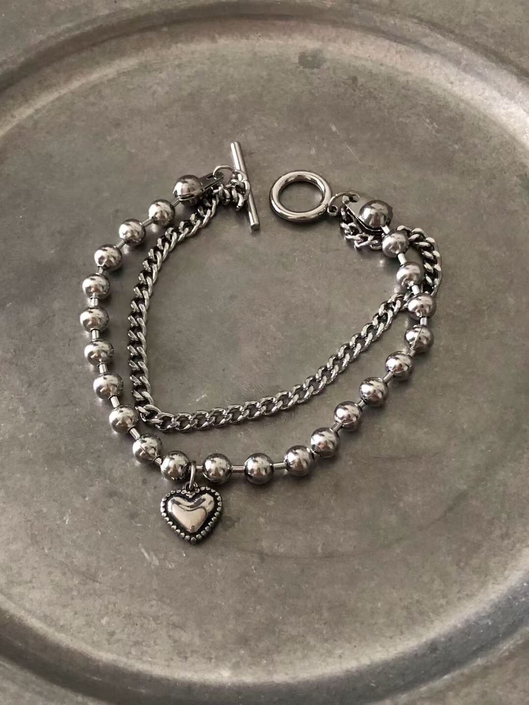 做舊感刻紋愛心珠珠雙層手鍊