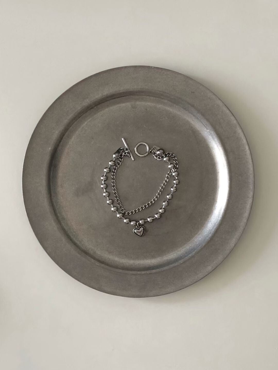 做舊感刻紋愛心珠珠雙層手鍊