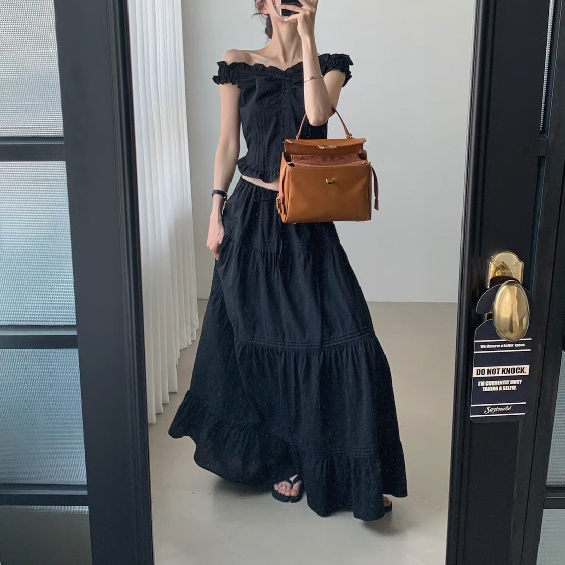 荷葉滾邊一字領排釦上衣+蛋糕長裙SET / 3色