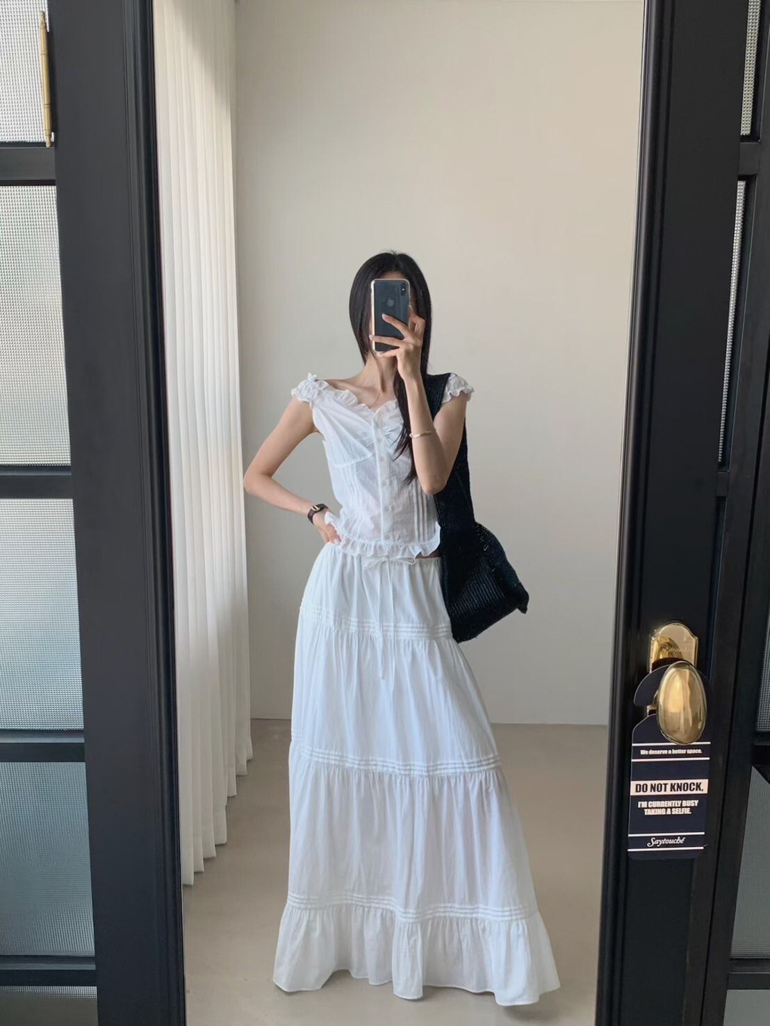 荷葉滾邊一字領排釦上衣+蛋糕長裙SET / 3色