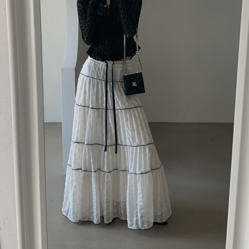 鬆緊腰配色綁帶層次蛋糕裙造型長裙-F / 2色