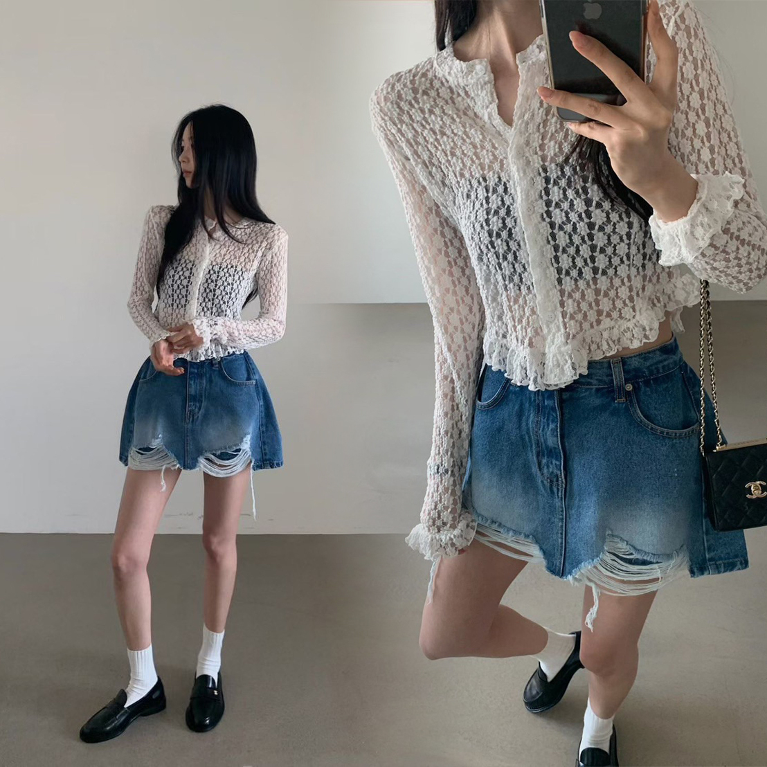 獨特感下擺割破造型澎澎牛仔短褲-S-M / 2色