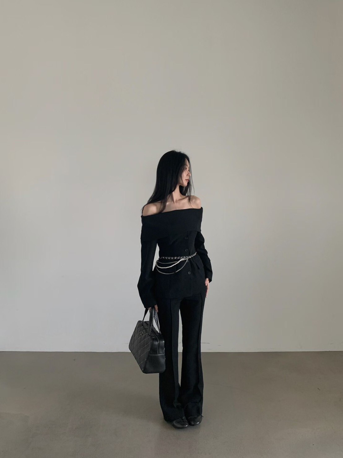 一字領排釦造型西裝上衣+西裝長褲SET-S-M / 2色