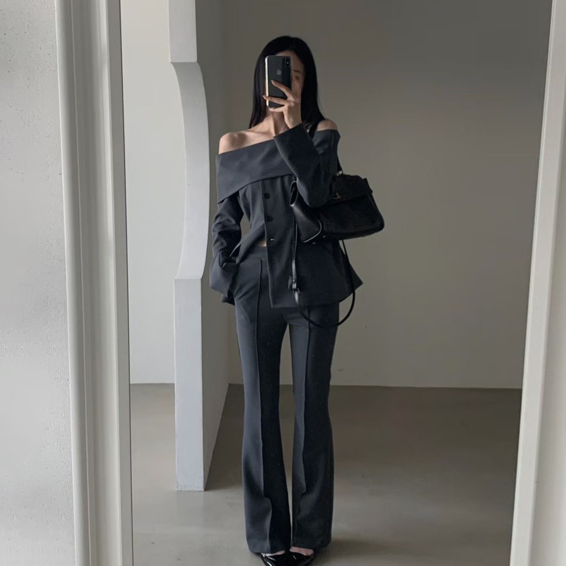 一字領排釦造型西裝上衣+西裝長褲SET-S-M / 2色