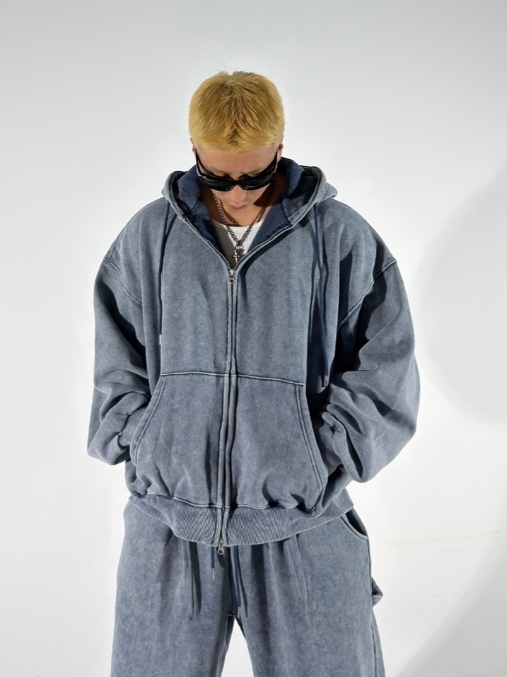 Washed terry cloth hooded zip-up jacket